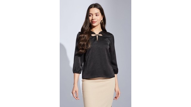 Latin Quarters Black Tie-Up Neck Top