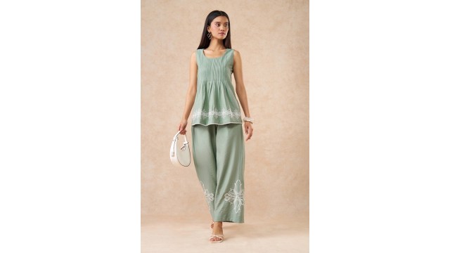 Marigold Lane Mint Textured Pleated Embroidered Coord Set