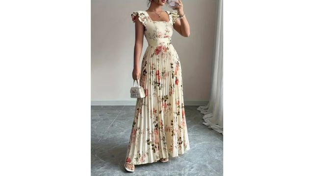 New Autumn-Summer Women’s Elegant Floral Print Pleated Hem Dress