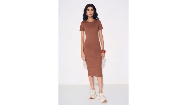 PEOPLE Rust Solid Bodycon Midi Dress