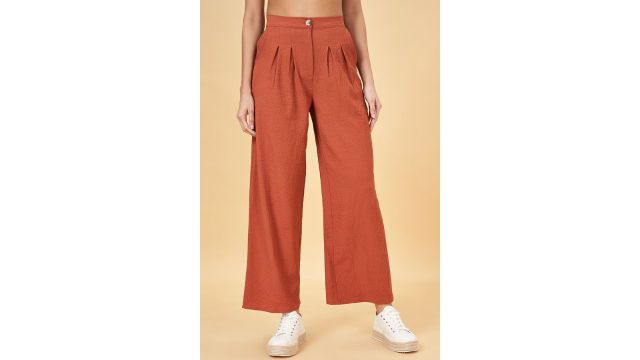 PEOPLE Tan Solid Full Length Casual Women Relaxed Fit Trousers