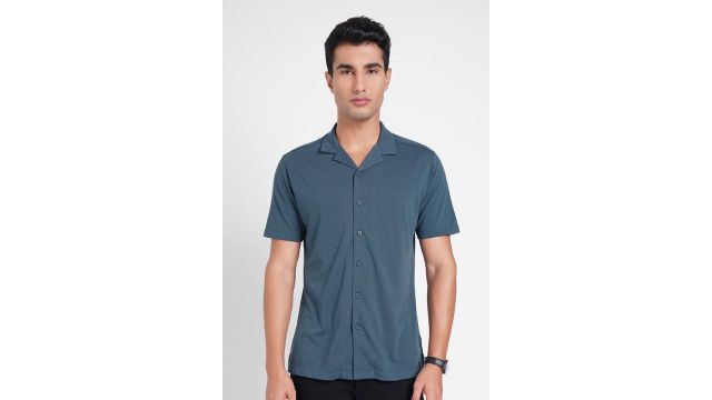 PEREGRINE Teal Textured Self-Patterned Resort Shirt