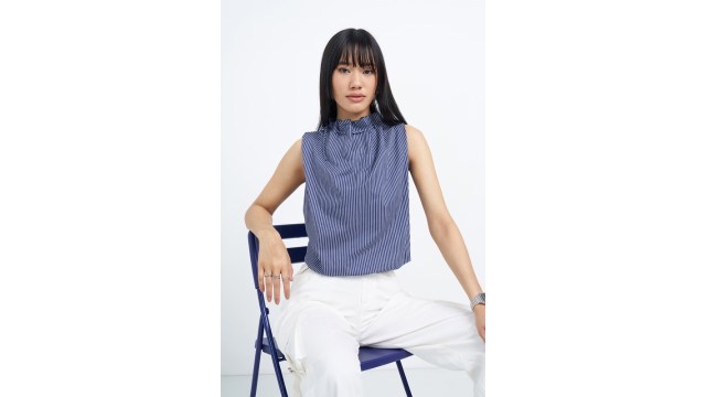 People Blue Striped Sleeveless Tie-Up Neck Top