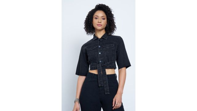 SF JEANS Black Embellished Cropped Denim Jacket