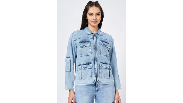 SF JEANS Medium Blue Solid Casual Full Sleeves Women Relaxed Fit Jacket