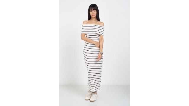SF JEANS White Striped Off-Shoulder Bodycon Ankle Dress