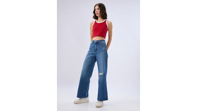 SPYKAR Medium Blue Distress High Rise Wide Leg Jeans