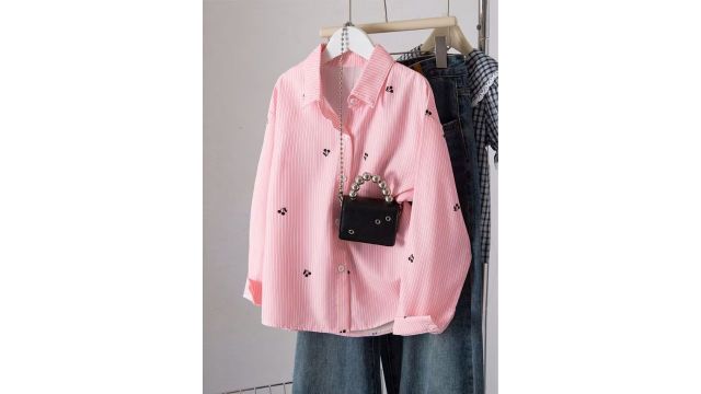 Summer Lapel Long Sleeve Pink Cardigan Striped Shirt