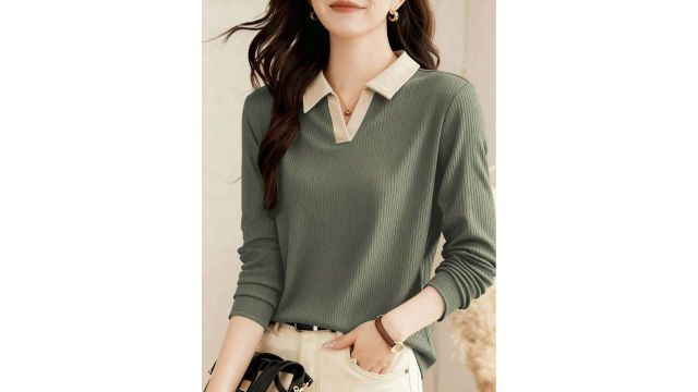 2025 New Autumn Women Polo Collar Long Sleeve T-Shirt