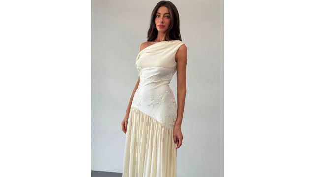 Aloruh Off Shoulder Contrast Color Mesh Floral Embroidered Maxi