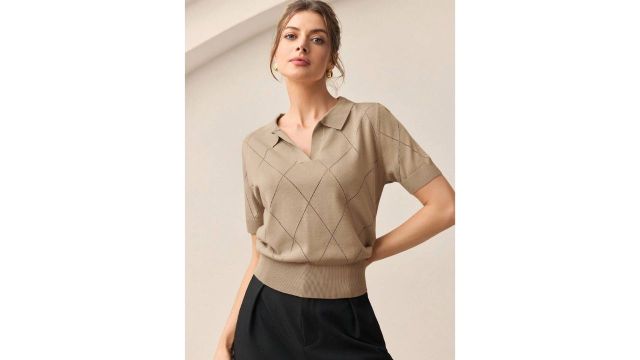 BizChic Beige Polo Collar Diamond Knit Short Sleeve Polo