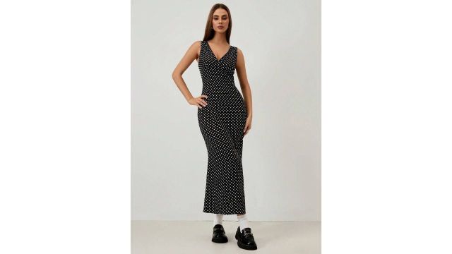 Breezaya Polka Dot Print Split Thigh Bodycon Dress Maxi