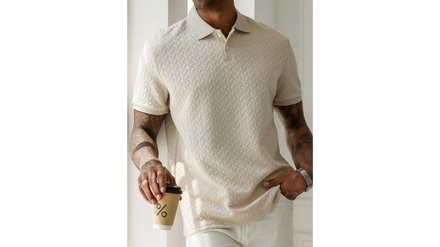 Geometric Diamond-Textured Jacquard Knit Polo Shirt