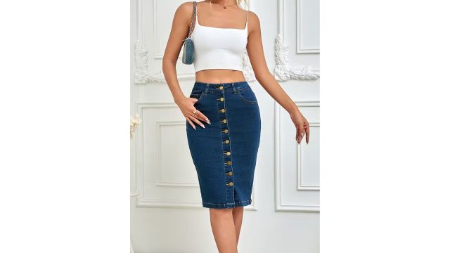 High-Waist Stretch Denim Pencil Skirt