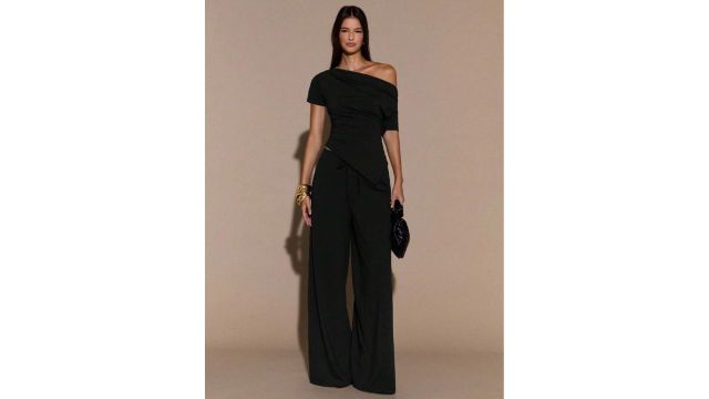 SHEIN BAE asymmetric-shoulder top and pants set