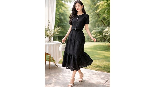Schiffli cotton self-design top with skirt