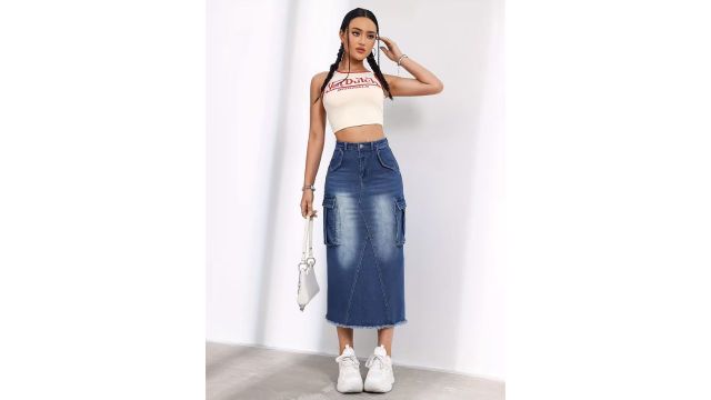 Stretchy Non-See-Through A-Line Long Skirt with Side Pockets