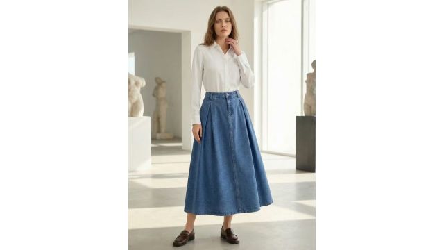 Vintage High-Waist Flared A-Line Denim Half-Length Skirt