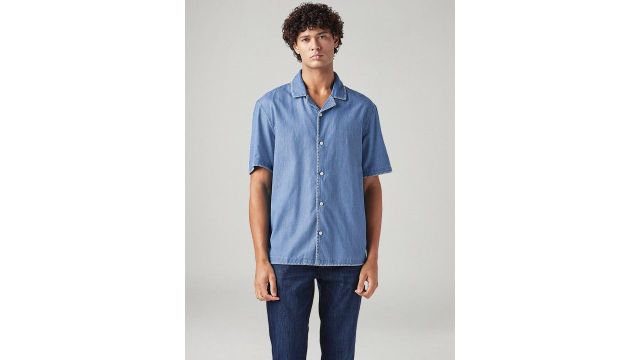 blue solid Cuban-collar shirt