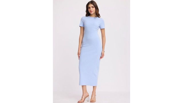 blue solid bodycon midi dress