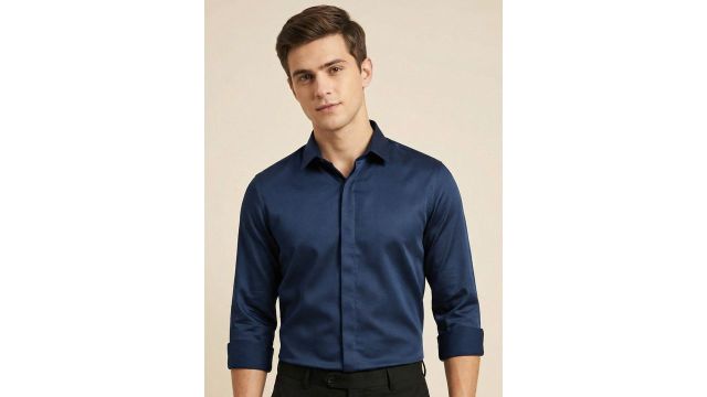 blue solid party 2-way stretch cotton satin shirt