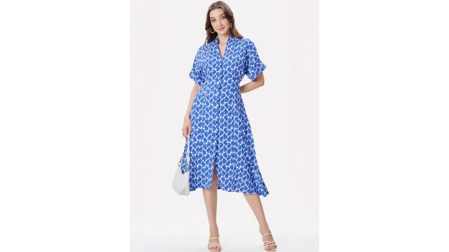 blue tropical print fit and flare midi dress
