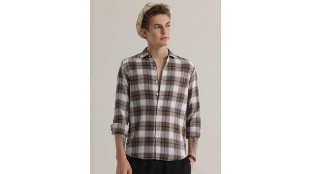 brown tartan checked pure cotton casual shirt