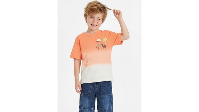 coral floral solid round neck short-sleeve with kangaroo pocket