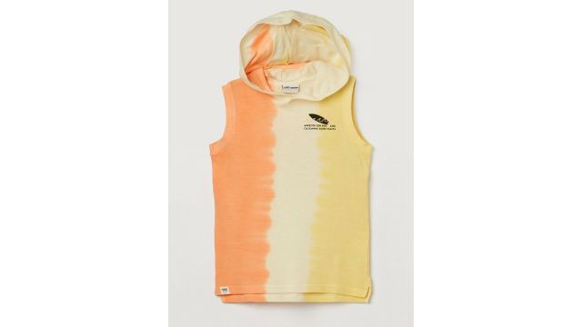 coral,cream,yellow colourblocked hooded sleeveless Tshirt