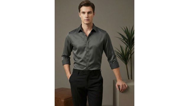 dark grey solid satin 2-way stretch tailored fit formal shirt