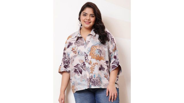 floral-print kimono sleeve linen shirt-style top