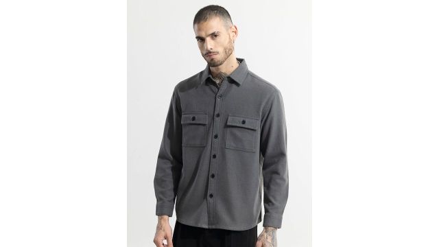 grey spread-collar relaxed fit casual shirt