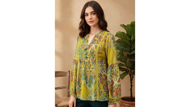 lime green Print Bishop Sleeves Bohemian Top