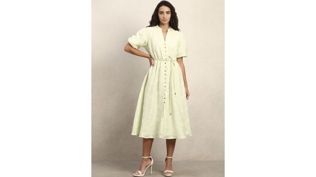lime green self-design A-line midi dress