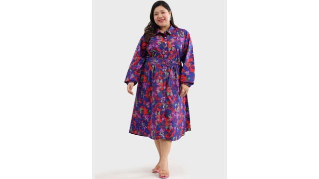 multicoloured floral print puff sleeve shirt midi plus size