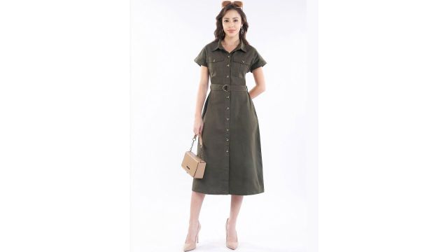 olive green fit and flare midi dress