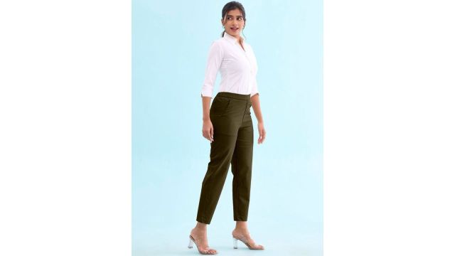 olive green tapered flat-front chinos