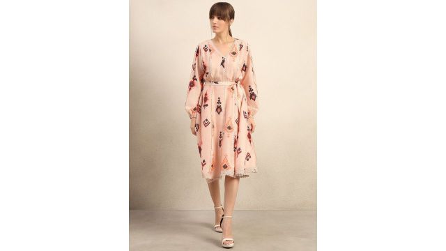 pink tribal-print belted fit-and-flare midi dress