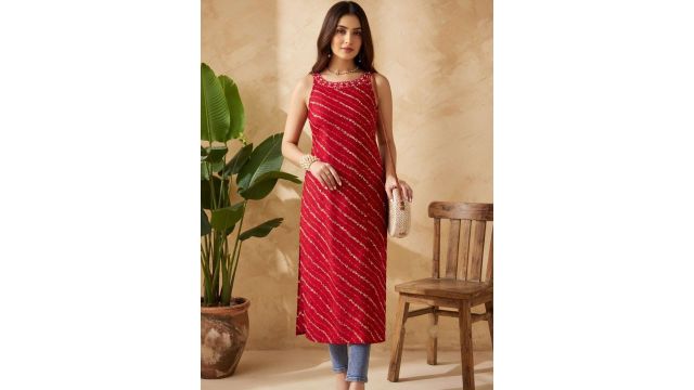 red Leheriya Printed Thread Work Kurta