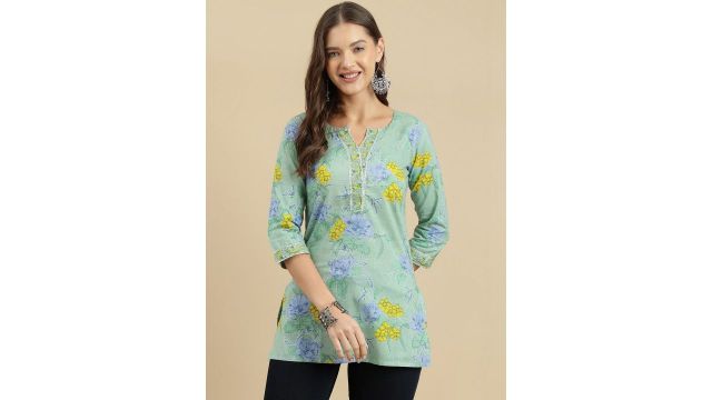sea green Floral Print Cotton Kurta