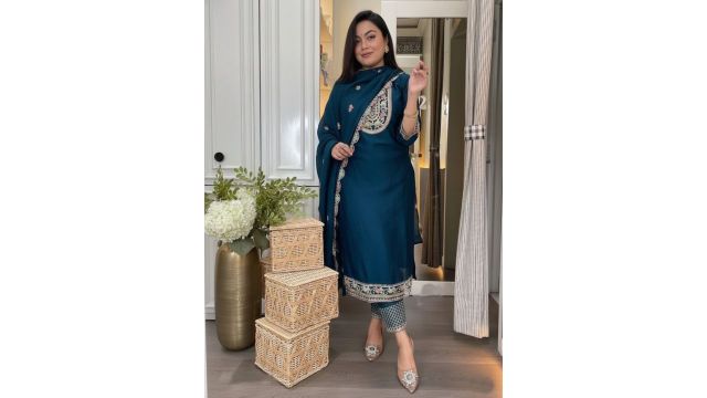 teal ethnic motifs embroidered pure silk kurta