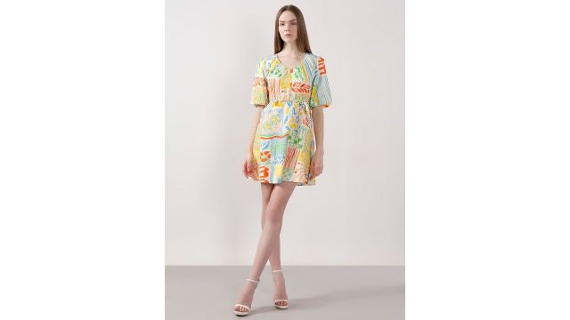 white abstract-print cotton mini dress