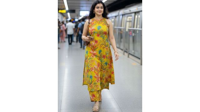 yellow floral printed regular pure cotton kurta