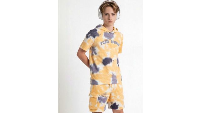 yellow graphic solid hooded t-shirt