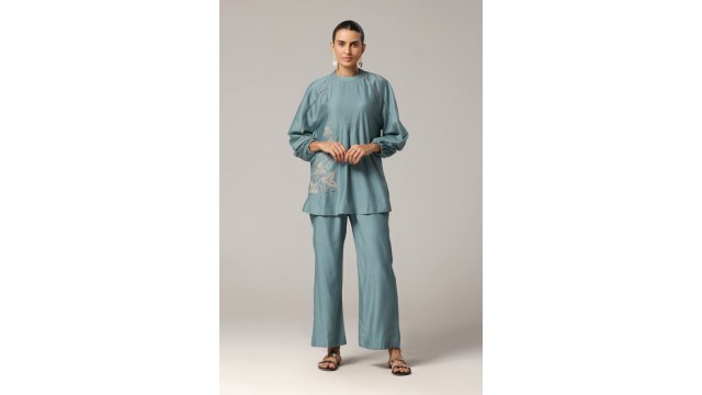 Truly SMA Teal Pleated Floral Embroidered Coord Set