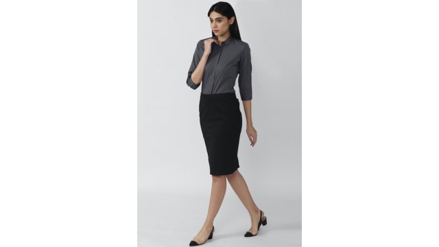 Van Heusen Black Solid Knee Length Formal Skirt
