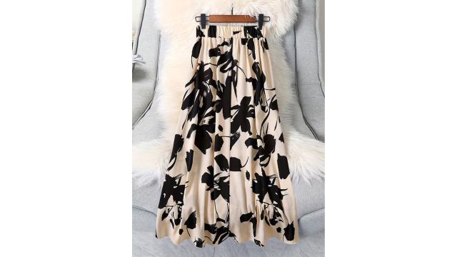 Women’s Floral Midi Skirt with Elastic Waist, Apricot Base