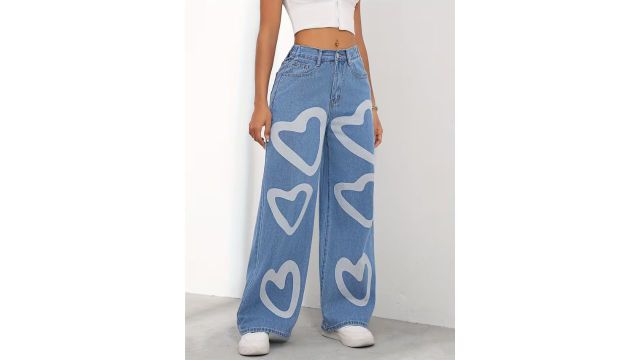 Women’s Wide Leg Denim Jeans with Heart Print
