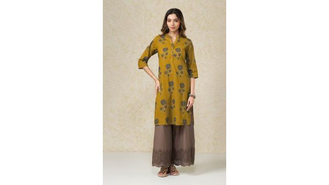 Yellow Floral Motif Print Kurta