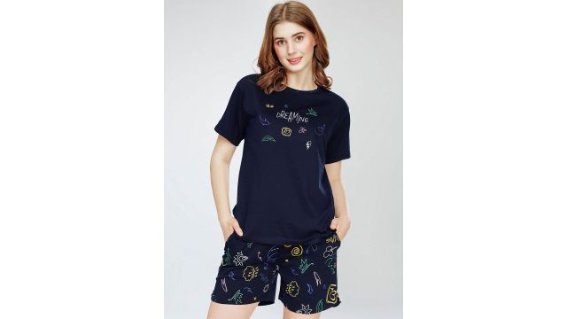 Zeyo Round Neck Short Sleeves Printed Pure Cotton Night Suit